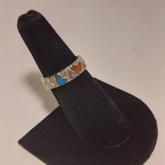 Vintage Silver Ring Crushed Turquoise & Coral Hearts Ring Size 7 Signed - Picture 2 of 11